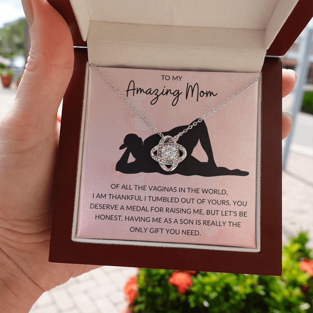 Love Knot Necklace, Funny Gift to Amazing Mom from Son - Pink | Mothers Day, Birthday, Christmas, Gag Gift