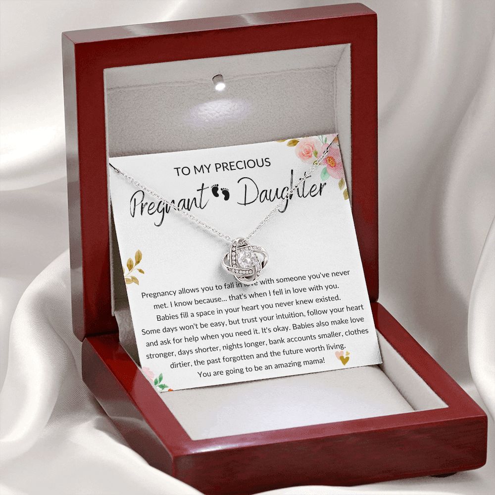 Pregnant Daughter Gift - Pregnancy, Mother to Be, Pregnant Mom Gift, Daughter Expecting, Baby Shower - 14 karat and 18 karat gold over stainless steel - Love Knot Necklace