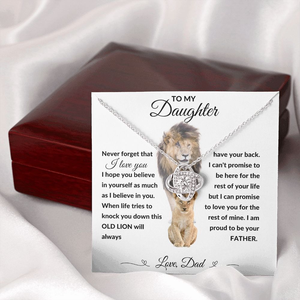 Love Knot Necklace, Gift to Daughter from Dad - lion white heart line - Birthday, Graduation, Christmas, Valentines,