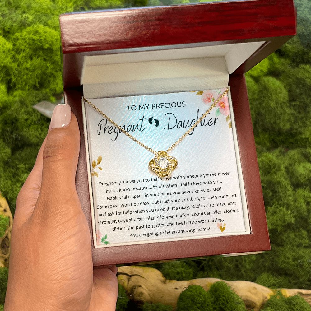 Pregnant Daughter Gift - Pregnancy, Mother to Be, Pregnant Mom Gift, Daughter Expecting, Baby Shower - 14 karat and 18 karat gold over stainless steel - Love Knot Necklace
