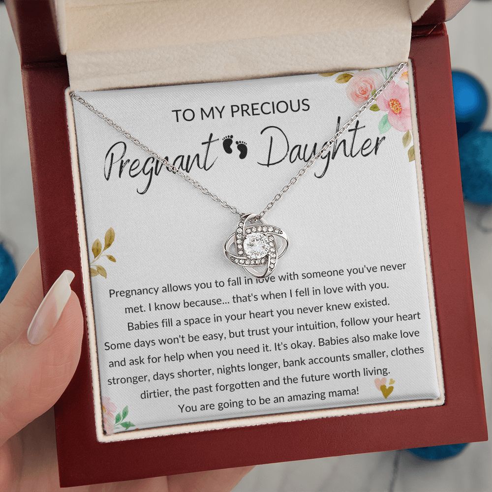 Pregnant Daughter Gift - Pregnancy, Mother to Be, Pregnant Mom Gift, Daughter Expecting, Baby Shower - 14 karat and 18 karat gold over stainless steel - Love Knot Necklace