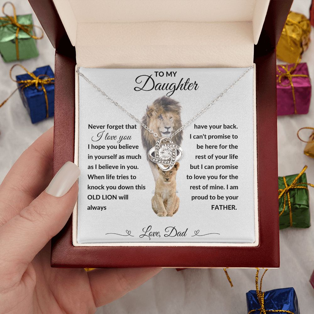 Love Knot Necklace, Gift to Daughter from Dad - lion white heart line - Birthday, Graduation, Christmas, Valentines,