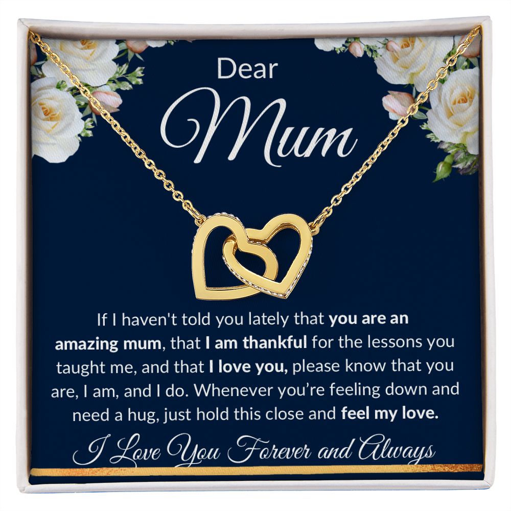 Interlocking Hearts Necklace (Yellow and White Gold Finish), Gift to Mum - Dear Mum Blue