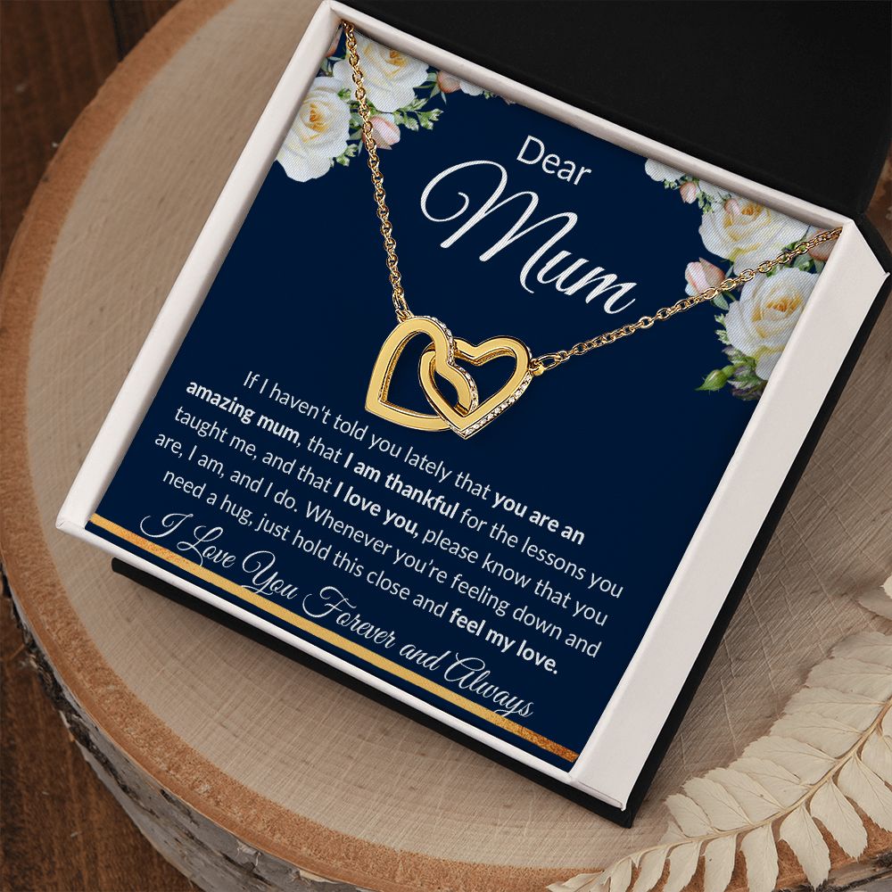 Interlocking Hearts Necklace (Yellow and White Gold Finish), Gift to Mum - Dear Mum Blue