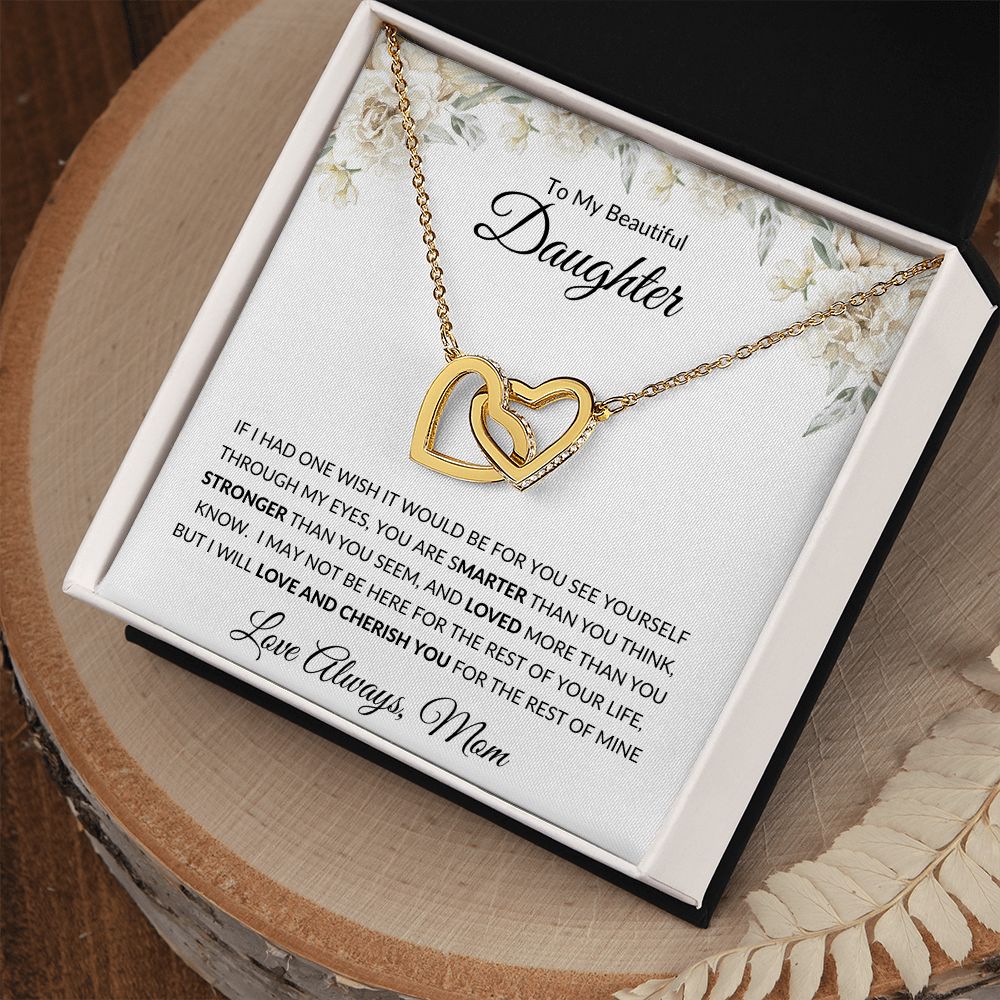Interlocking Heart Necklace, GIFT TO DAUGHTER from Mom - Beautiful Daughter white flowers