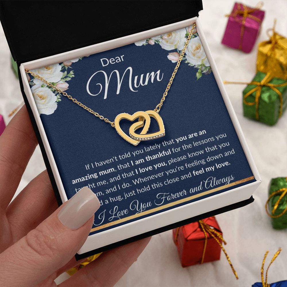 Interlocking Hearts Necklace (Yellow and White Gold Finish), Gift to Mum - Dear Mum Blue