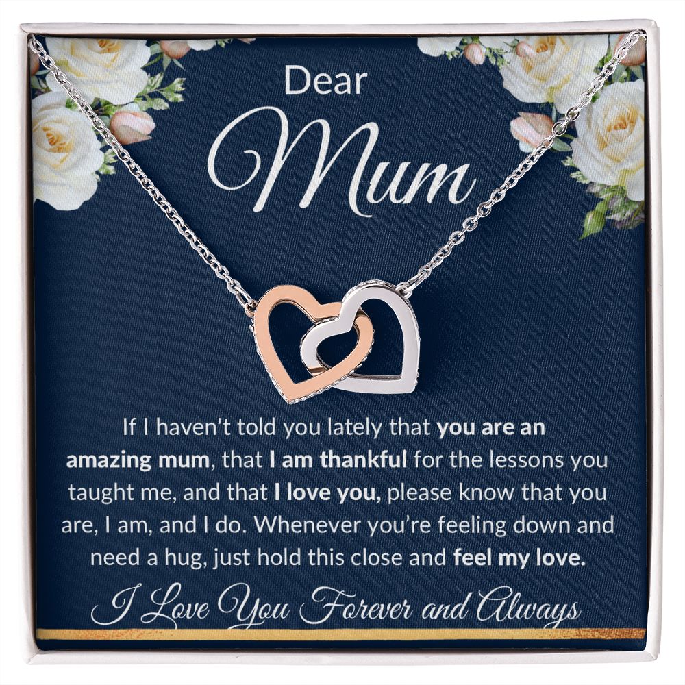 Interlocking Hearts Necklace (Yellow and White Gold Finish), Gift to Mum - Dear Mum Blue