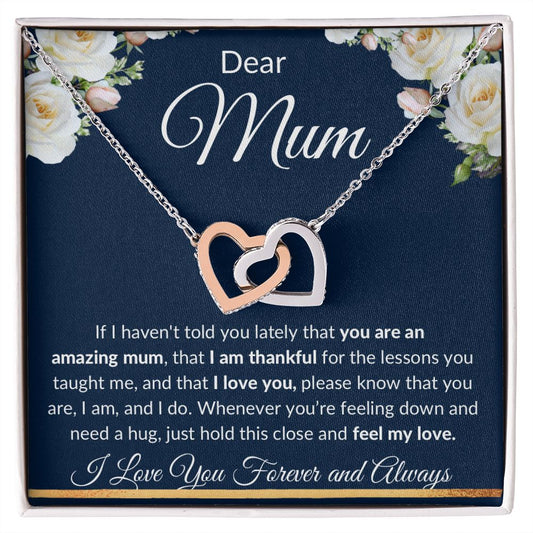 Interlocking Hearts Necklace (Yellow and White Gold Finish), Gift to Mum - Dear Mum Blue
