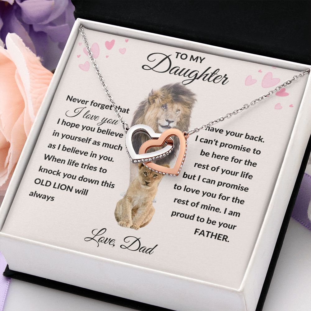Interlocking Hearts Necklace, Gift to Daughter from Dad - lion pink hearts - Valentine, Birthday, Christmas, I Love You