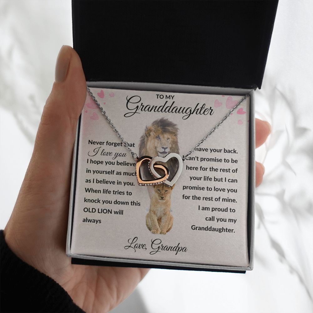 Interlocking Hearts Necklace, Gift to Granddaughter from Grandpa - lion pink hearts - Valentines, Birthday, Graduation, Christmas, I Love You