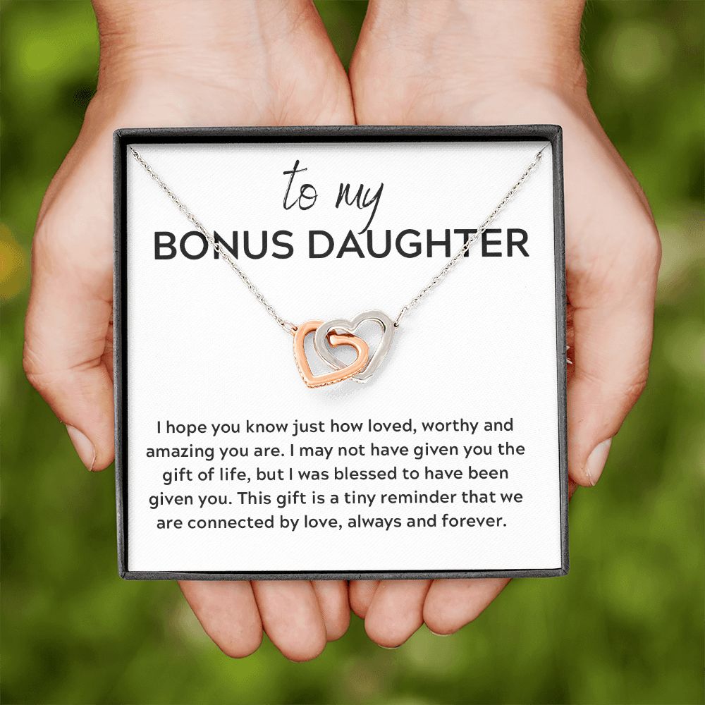Interlocking Hearts Gift to Bonus Daughter, Step Daughter, Daughter in Law - Connected by Love - Christmas, Birthday, Graduation