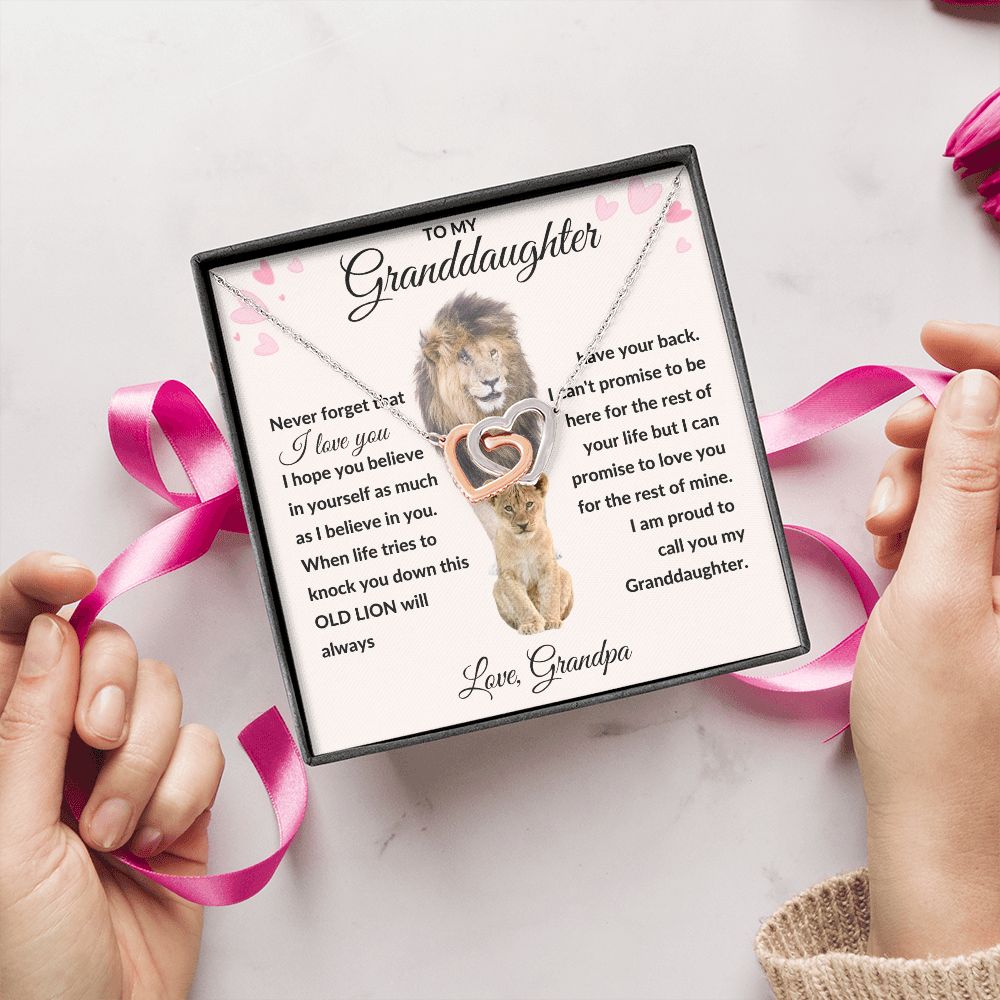 Interlocking Hearts Necklace, Gift to Granddaughter from Grandpa - lion pink hearts - Valentines, Birthday, Graduation, Christmas, I Love You