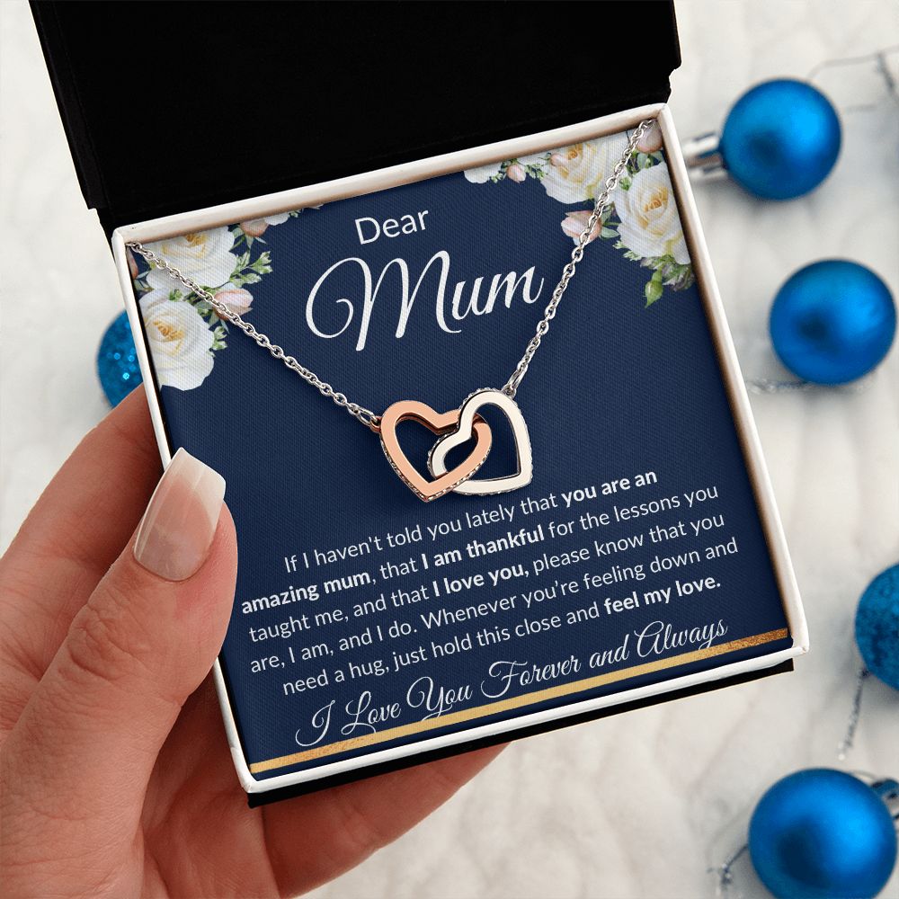 Interlocking Hearts Necklace (Yellow and White Gold Finish), Gift to Mum - Dear Mum Blue