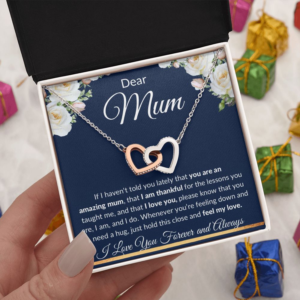 Interlocking Hearts Necklace (Yellow and White Gold Finish), Gift to Mum - Dear Mum Blue