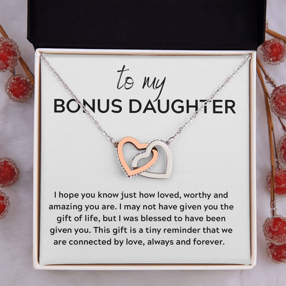 Interlocking Hearts Gift to Bonus Daughter, Step Daughter, Daughter in Law - Connected by Love - Christmas, Birthday, Graduation