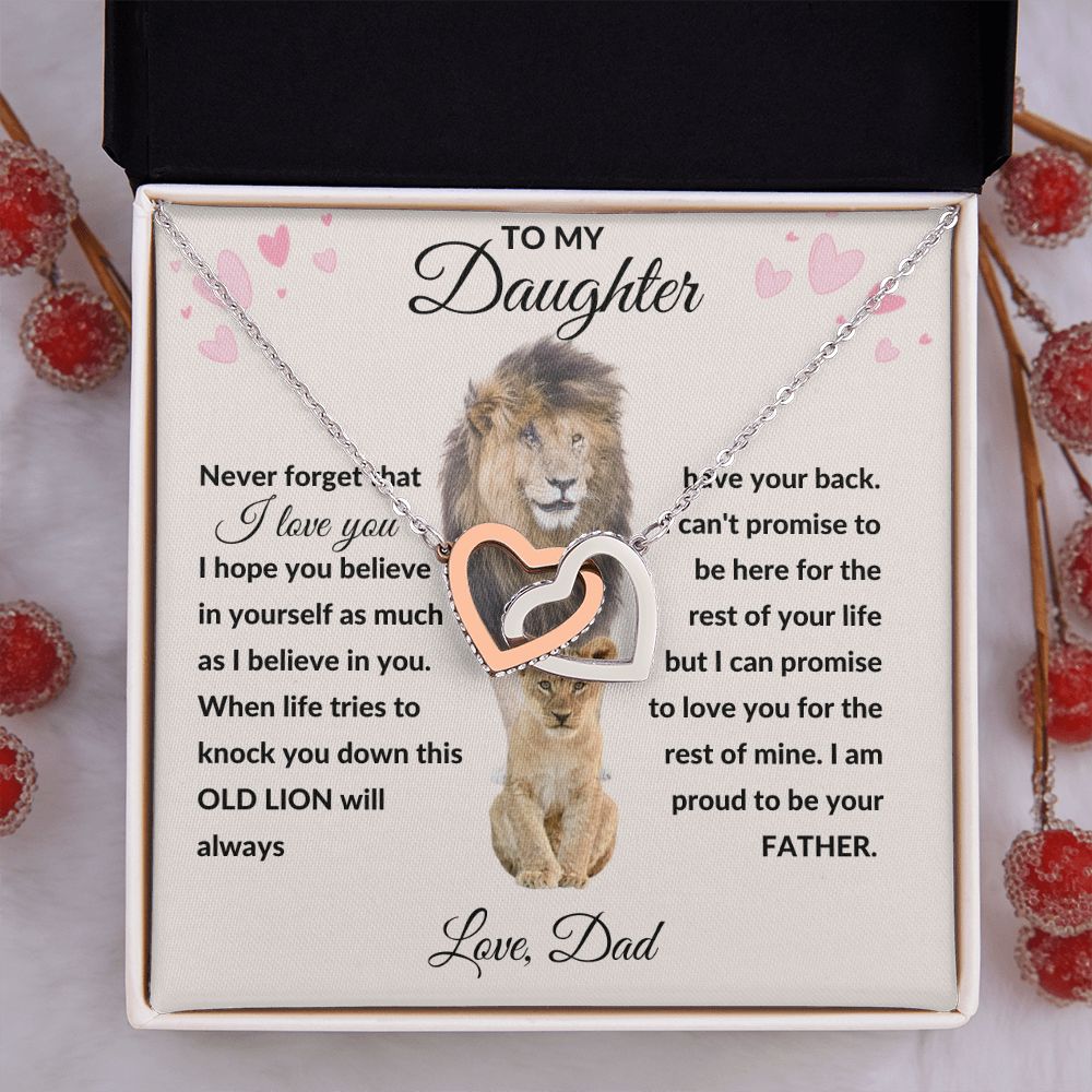 Interlocking Hearts Necklace, Gift to Daughter from Dad - lion pink hearts - Valentine, Birthday, Christmas, I Love You