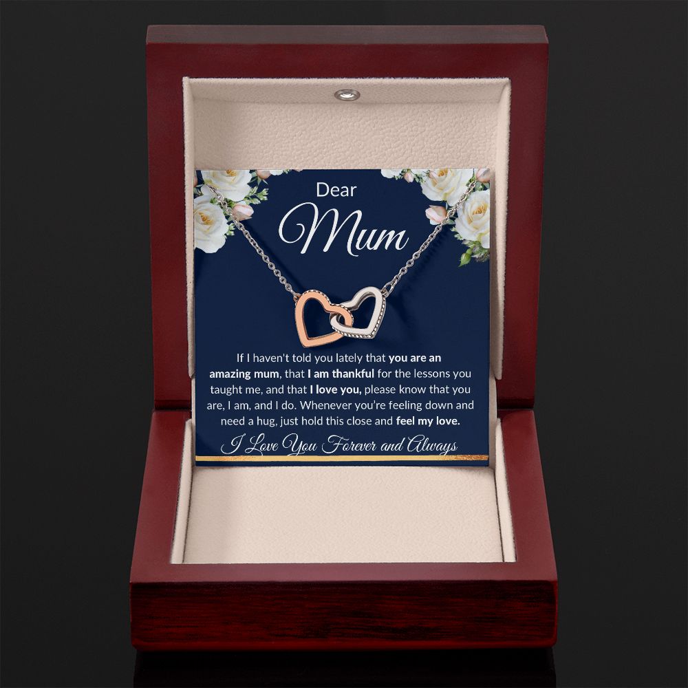 Interlocking Hearts Necklace (Yellow and White Gold Finish), Gift to Mum - Dear Mum Blue