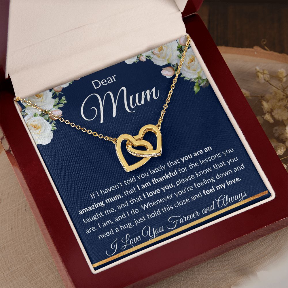 Interlocking Hearts Necklace (Yellow and White Gold Finish), Gift to Mum - Dear Mum Blue