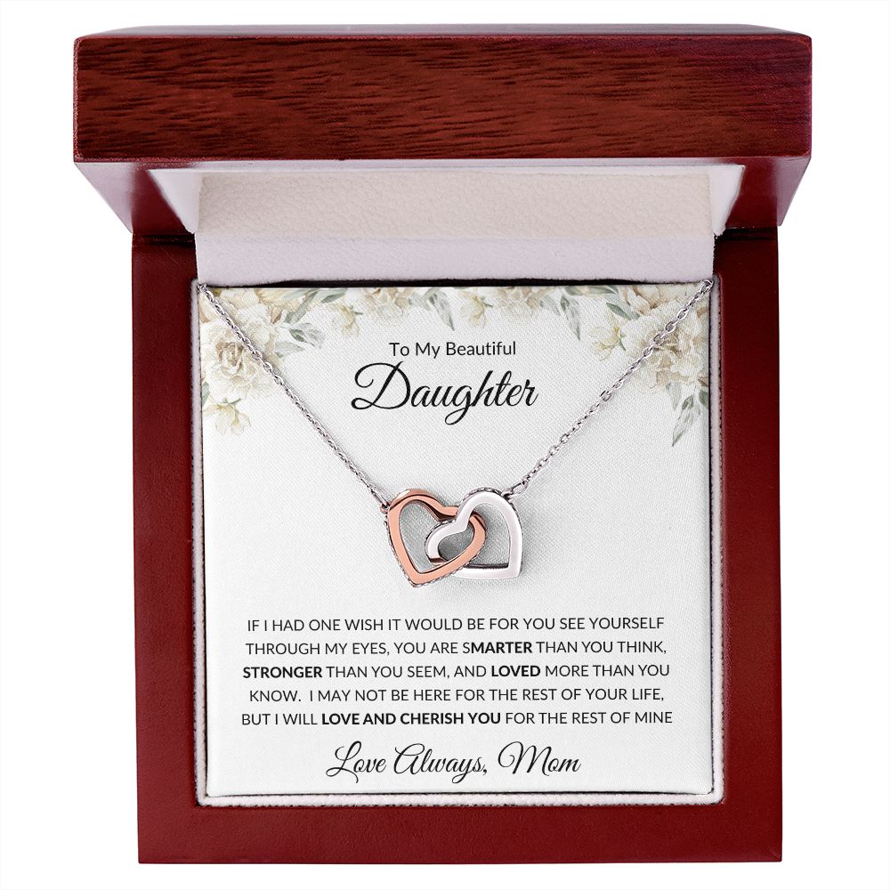 Interlocking Heart Necklace, GIFT TO DAUGHTER from Mom - Beautiful Daughter white flowers