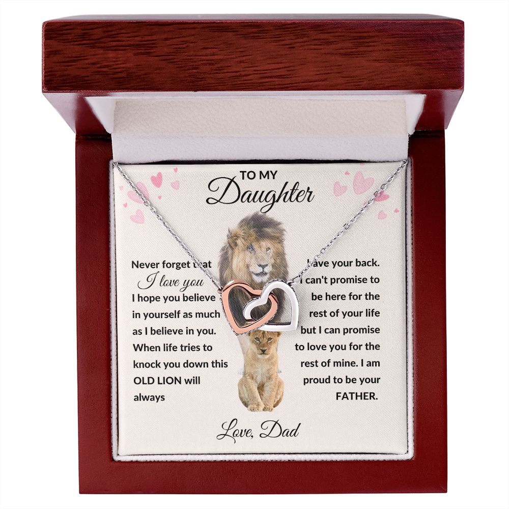 Interlocking Hearts Necklace, Gift to Daughter from Dad - lion pink hearts - Valentine, Birthday, Christmas, I Love You
