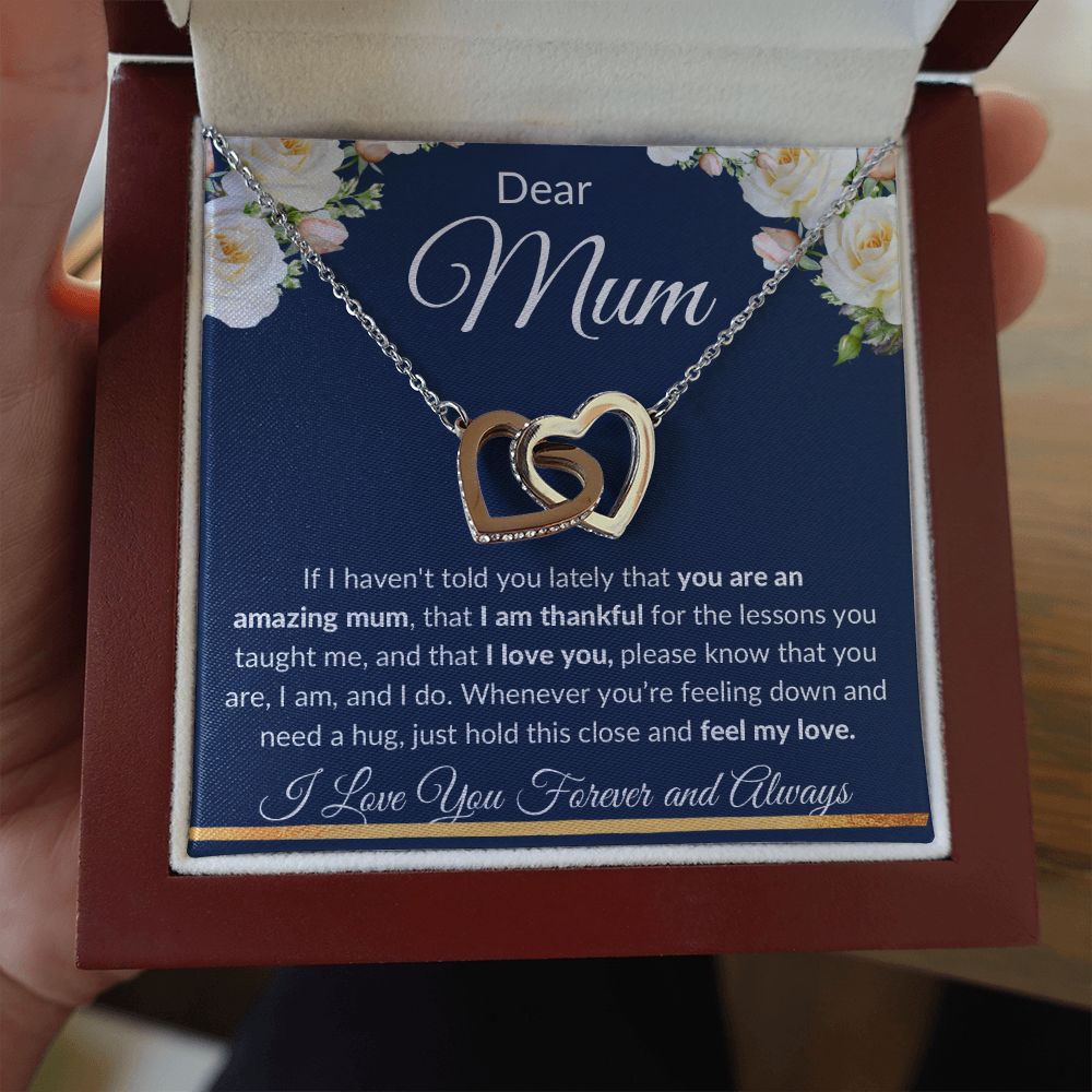 Interlocking Hearts Necklace (Yellow and White Gold Finish), Gift to Mum - Dear Mum Blue