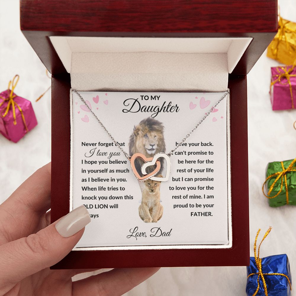 Interlocking Hearts Necklace, Gift to Daughter from Dad - lion pink hearts - Valentine, Birthday, Christmas, I Love You