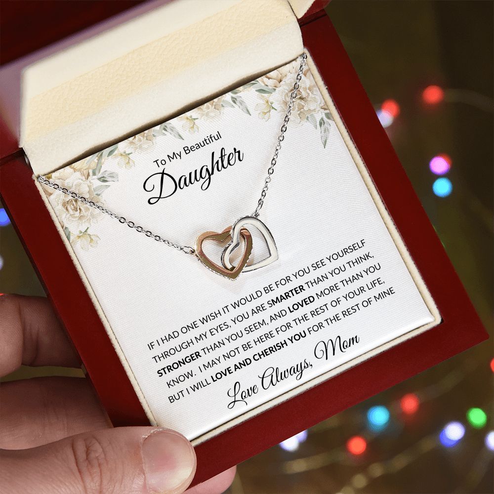 Interlocking Heart Necklace, GIFT TO DAUGHTER from Mom - Beautiful Daughter white flowers