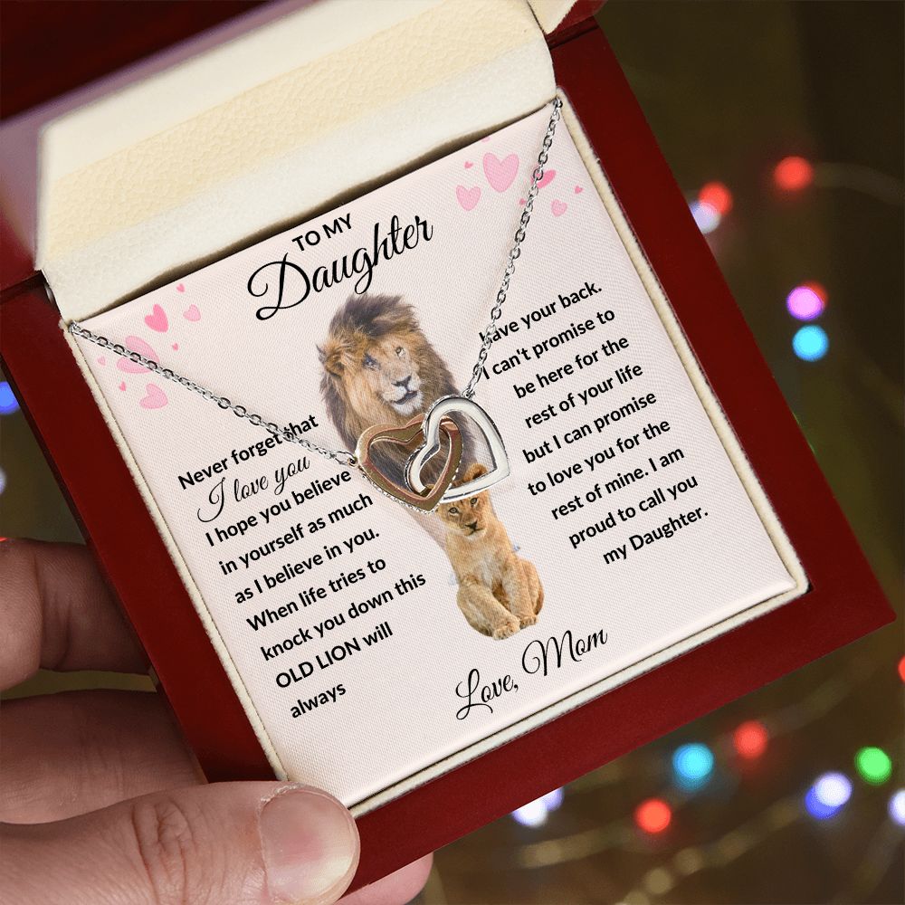Interlocking Hearts Necklace, Gift to Daughter from Mom - lion pink hearts - Valentines, Birthday, Graduation, Christmas, I am Proud of You